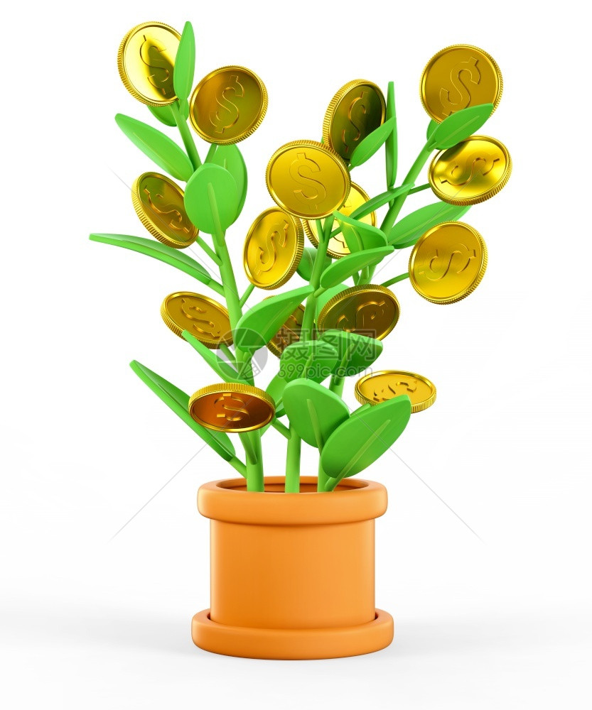 成功金融职业钱树卡通美元植物与金币的3D插图隔离在白色背景上商业投资利润财务增长资金概念收入和隐喻图片