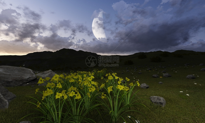 自然云以3D软件制成的月夜院子图片