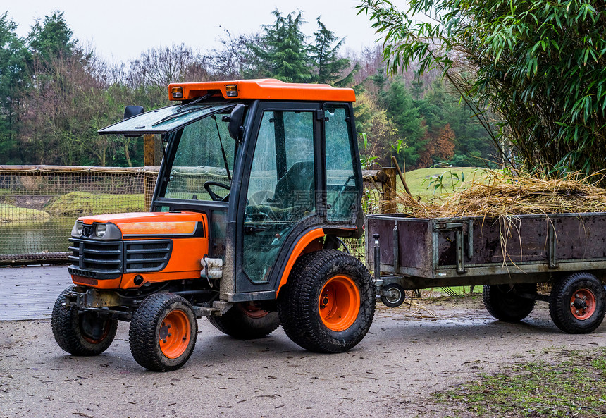 农艺学村汽车业设备橙色拖拉机和装满干草农用机械的拖车图片