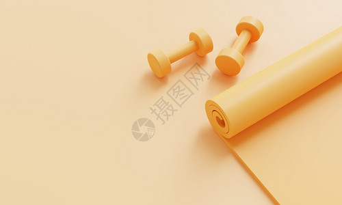 面色萎黄饮食放运动健身配件有瑜伽垫和关于黄面色背景的哑铃适合和体育物概念Monecolor3D插图合身设计图片