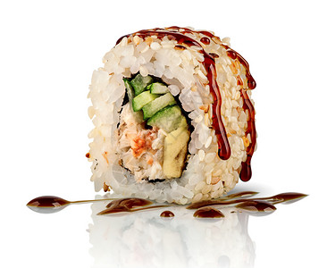 以白色背景孤立的鸡尾薯卷食品配有鱼蔬菜和不成熟酱的寿司卷真希亚洲日本红色的高清图片素材