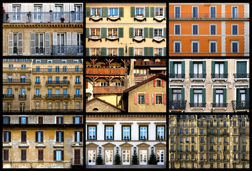 乡村收集欧洲不同公寓和共建筑外表的图像集成象从欧洲各国取而代之的是公寓和共建筑特征法国图片