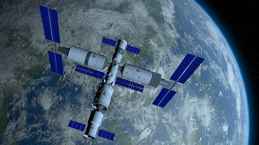 天宫三号空间站在上绕地球运行恒星背景3D插图空间的科学世界图片