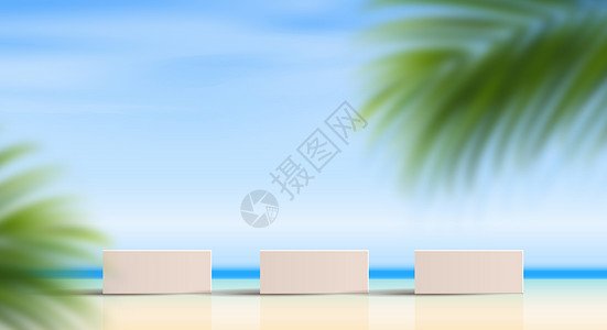 棕榈滩用于产品展示牌和包装工作室舞台的化装海和滩背景最低值和高级讲台展示3D插图设计有叶背景影版3D插图广告现代的场景设计图片