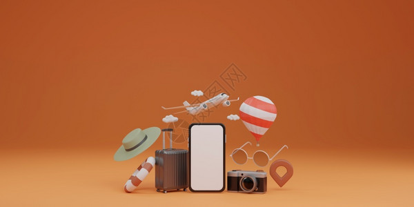 环洱海游游泳的白色屏幕移动模型包括飞机气球游泳橡皮环行李太阳镜帽子和照相机以及橙色背景旅行概念3d游运输设计图片