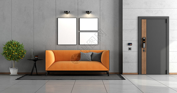地毯白色的装甲背着前门和橙色现代沙发的住宅入口用水泥墙对面的橘子现代沙发3d背景图片