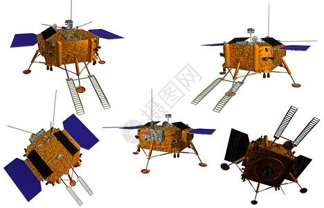 发现号航天飞机土地工程航天器在月球上以不同角度降落于白色背景的3D插图金属设计图片