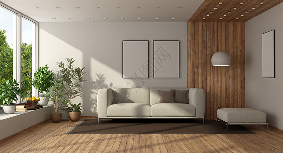 硬木当代的空白装有大型窗户和白色家具的最小客厅3天装有大窗户的最小型客厅背景图片