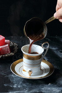 沙佛土耳其咖啡和喜菜咖啡店早餐喝高清图片素材
