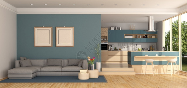 硬木配饰蓝色客厅有灰沙发和现代背景厨房3D为蓝色客厅有背景厨房别墅图片