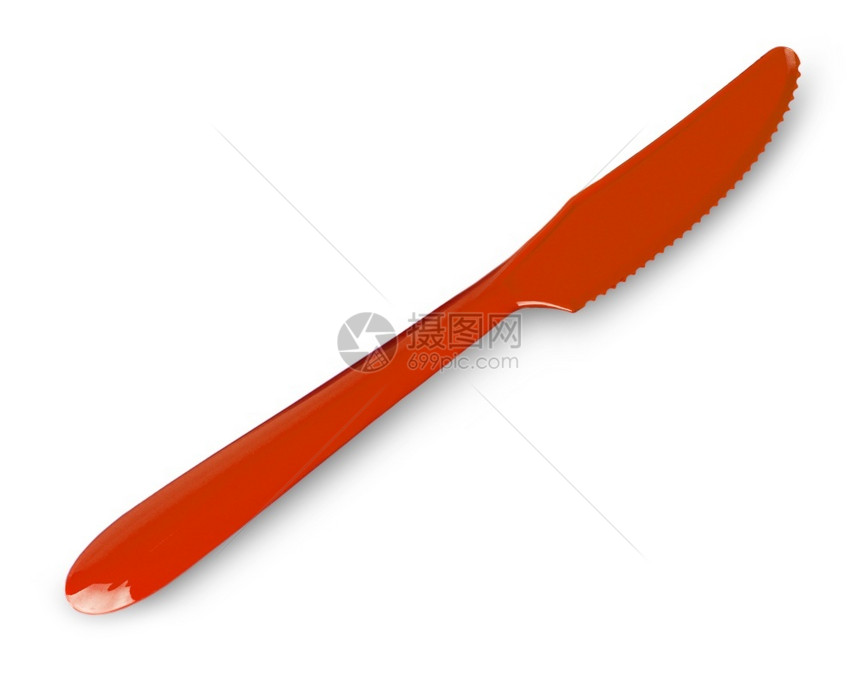 菜单厨具工白色背景上隔离的红色塑料刀顶部视图白色背景上隔离的彩色塑料叉子和刀图片