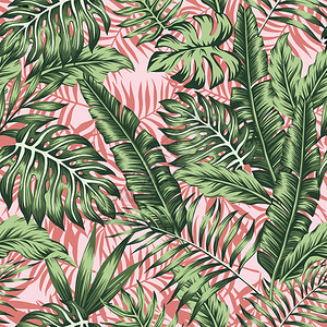 热带绿色树叶丛林粉红植物背景艺术水彩天堂图片