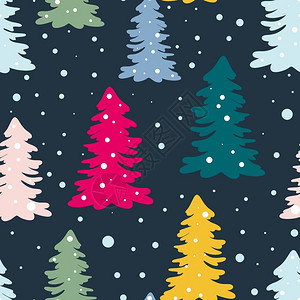 快乐的圣诞树装饰着球和夜背景无缝图案工艺的图片