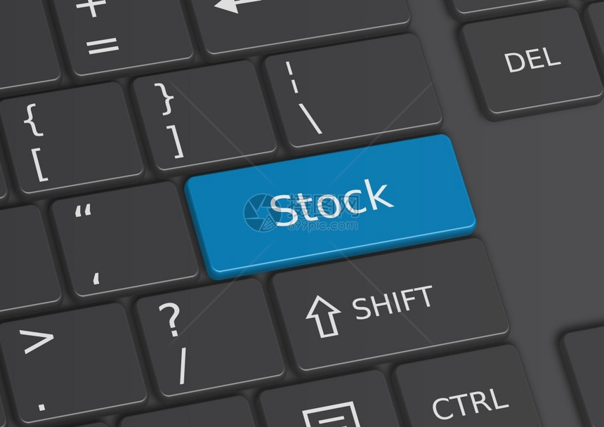 数字的抽象从键盘上蓝拼写Stock这个词的3D插图电子产品图片