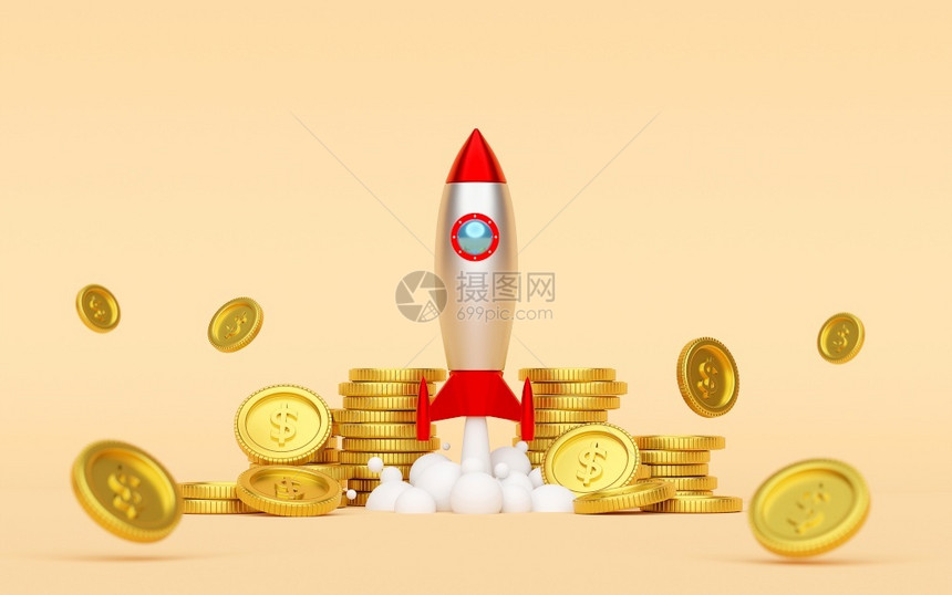 互联网络形象的启动业务概念用美元硬币从地面发射火箭3D投图片