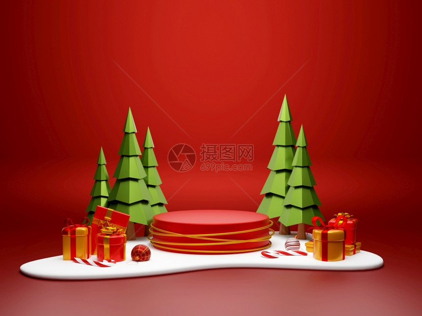假期诺埃尔传单讲台圣诞主题在雪地上赠送圣诞礼物3D插图图片
