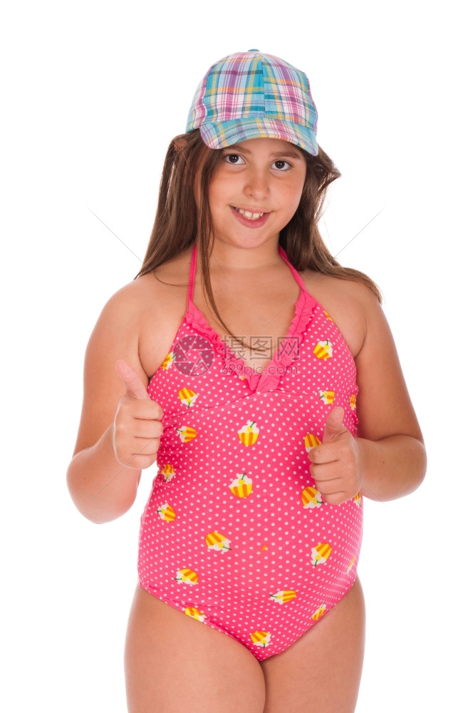 穿着泳衣的美丽黑发女少露出白背景与世隔绝的拇指快乐年轻游泳衣图片