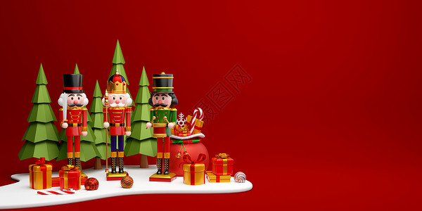 胡桃夹子玩具圣诞横幅3D插图在松林中配有圣诞礼物的胡桃装饰品展示派对设计图片