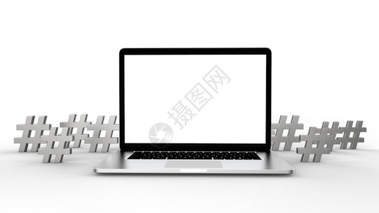 哈希在线的多媒体白色背景3D上孤立的现代笔记本电脑和标签图图片