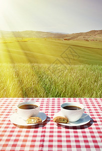 托斯卡纳与意大利图斯卡风景对抗的彩布上咖啡和坎通尼田园方格的图片