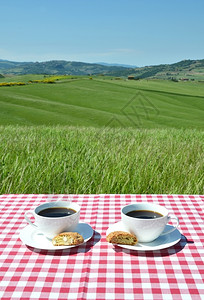 季节早餐爬坡道与意大利图斯卡风景对抗的彩布上咖啡和坎通尼图片