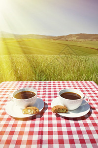 与意大利图斯卡风景对抗的彩布上咖啡和坎通尼蓝色的杯子农村图片