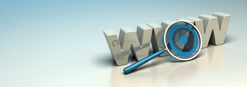 GlossyWWW3D信件写在蓝和蜜蜂背景上带有放大镜包括一个蓝色目标的搜索引擎优化符号或网络分析标志横向网上搜索引擎互联网SE图片