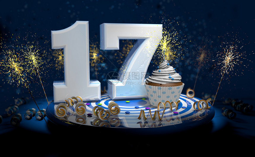 庆典祝日历带有闪亮蜡烛的17岁生日或周年纪念蛋糕白色大号蓝桌子上有黄深背景充满火花3d插图岁生日或周年纪念蛋糕深色背景充满火图片