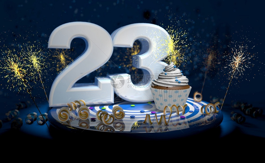 满的飘带庆典23岁生日或周年纪念带有闪亮蜡烛的杯饼大数量用白纸条蓝色桌上有黄流体黑背景满火花的彩蛋3D插图2生日或周年蛋糕大数字图片