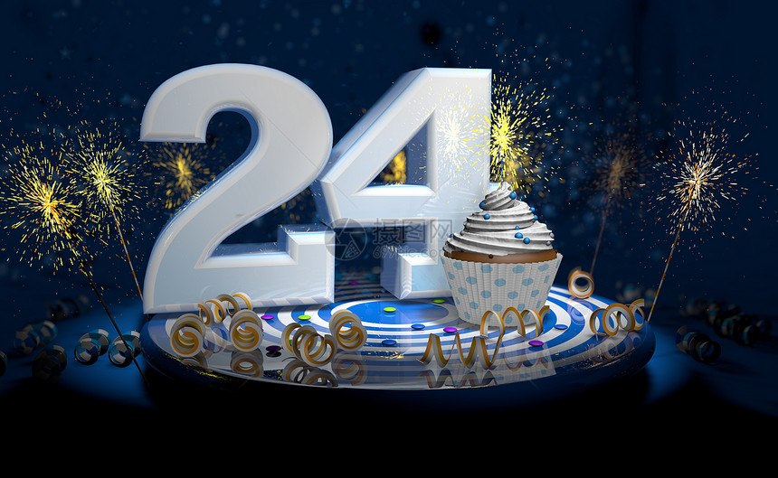 24岁生日或周年纪念带有闪亮蜡烛的杯饼大数量用白纸条蓝色桌上有黄流体黑背景满火花的彩色桌脸3个插图三二十四生日或周年蛋糕大白色数图片