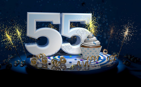 第55名人们带有闪亮蜡烛的5岁生日或周年纪念蛋糕白色大号蓝桌子上有黄彩带深背景充满火花3d插图岁生日或周年纪念蛋糕深色背景充满火花3d插设计图片