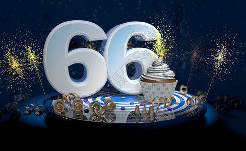 60岁老人六十岁生日或周年纪念带有闪亮蜡烛的杯饼大数量用白纸条蓝色桌上有黄流体黑背景满火花的彩色桌脸3D插图60岁生日或周年蛋糕大白色号码设计图片