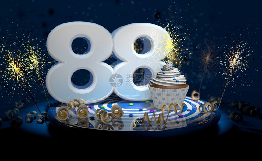 糖果8岁生日或周年纪念蛋糕带有闪亮的蜡烛白色大数字蓝桌子上有黄彩带深背景充满火花3d插图8岁生日或周年纪念蛋糕深色背景充满火花3图片