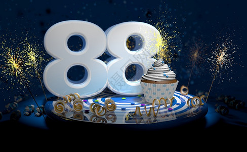 第77届糖果8岁生日或周年纪念蛋糕带有闪亮的蜡烛白色大数字蓝桌子上有黄彩带深背景充满火花3d插图8岁生日或周年纪念蛋糕深色背景充满火花3设计图片