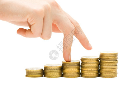 美元女在白色背景上被孤立的手和钱楼梯货币图片