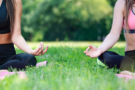 绿色松弛幽思在莲花中做瑜伽冥想的两位女在阳光明媚的一天在公园露出户外夏天高清图片素材