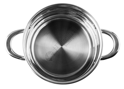 蒸汽晚餐烹饪不锈钢锅没有遮盖的钢锅白色背景孤立于从顶部视图图片