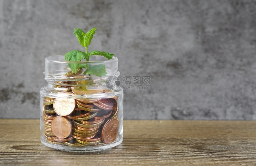 现金储蓄和货币投资概念在玻璃罐里种植一个工厂里面装满欧元硬币放在木桌上有复制空间速度节省图片