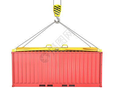 大箱子颜色出口贮存集装箱货吊在散放器上以白色背景隔开设计图片