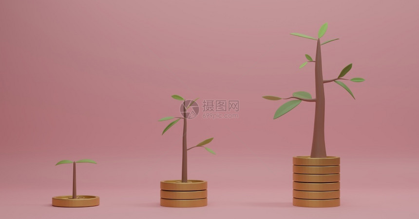 硬币3DD以粉红背景树木绘制的纸币堆叠生长图企业投资和储蓄金概念植物收入图片