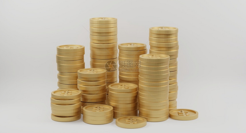 卖在白背景上印有美元符号的金币堆银行和融概念3D投影资金属图片