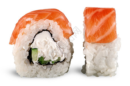 新鲜的两片费城寿司卷被白色背景孤立午餐生的真希高清图片素材
