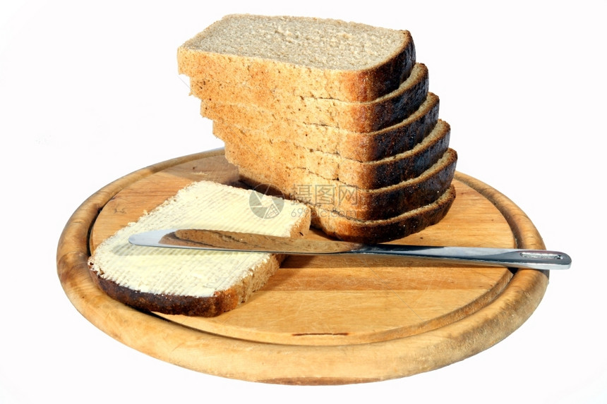 白背景上的刀片隔离面包黄油切片棕色的谷物图片