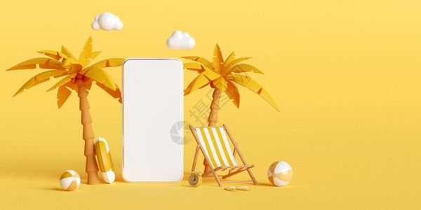 摇头飞椅暑假概念智能手机模型配有沙椅和海滩附件旅馆度假饭店票在智能手机上预订旅游的软件3d插图游客商业复制设计图片