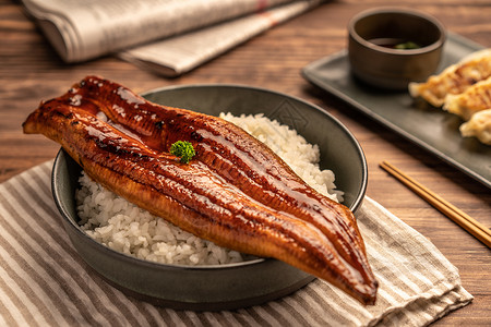 烤鱼饭素材网近身的日本烤鱼在大米上被喂过或者Unagidon安排在饭桌上的日本菜盘工作室大豆海鲜背景