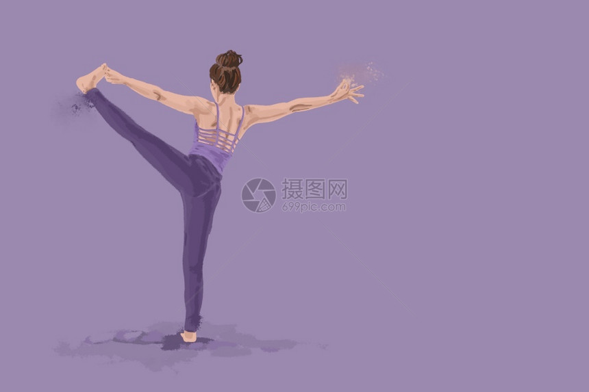 妇女在瑜伽插图中站大脚趾对的平衡上与蓝背景和复制空间隔绝健身房绘画松弛图片