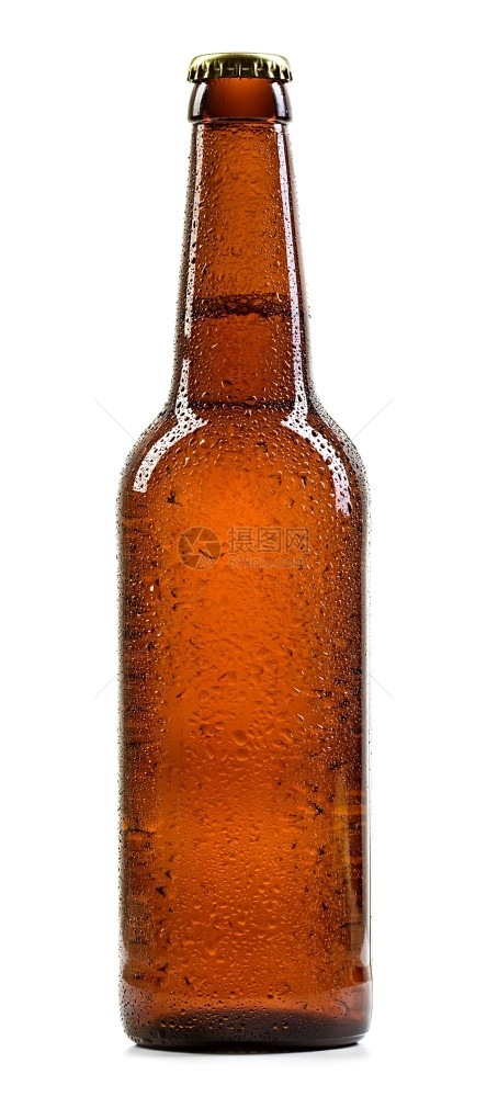 降低玻璃啤酒瓶装白背景上隔着水滴醉图片