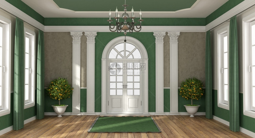 优质的建筑学花瓶一间豪华别墅的住宅入口典型风格关闭前门3D为一座豪华别墅的绿色和棕家庭入口图片