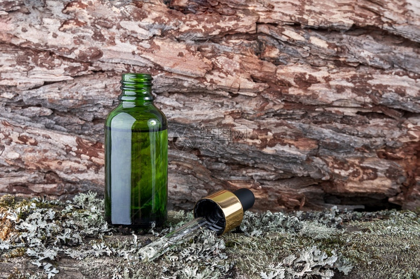一种绿色玻璃瓶和管状热液血清绿苔类和树皮上必需的石油自然有机香料化妆品概念一个绿色玻璃瓶和管状水烟根血清绿苔类和树皮上必需的油以图片