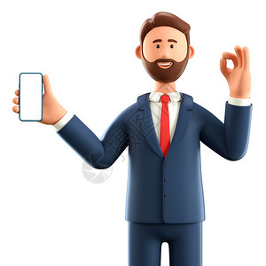 漫画手机素材成人空白的3D插图持智能手机空白屏幕的站立男子用手势以白色背景与世隔绝用电话演示和显OK手势将笑着漫画商人的肖像贴上广告设计图片